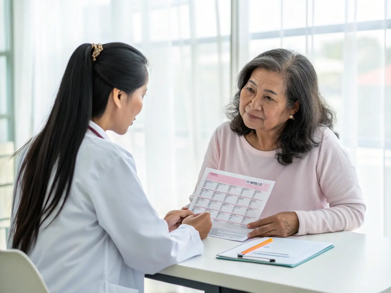A healthcare professional consulting with a patient in a specialized treatment room, reviewing medical records and discussing treatment options.