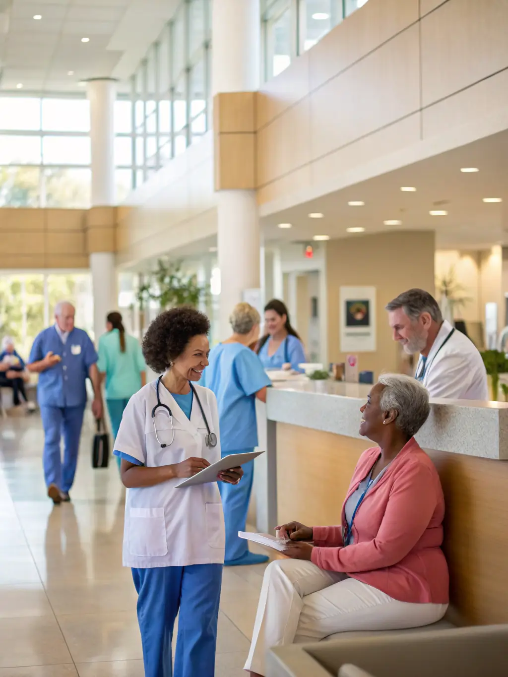 Happy patients smiling and interacting positively with healthcare staff in a bright and welcoming environment, illustrating the positive patient experience at Business 252.