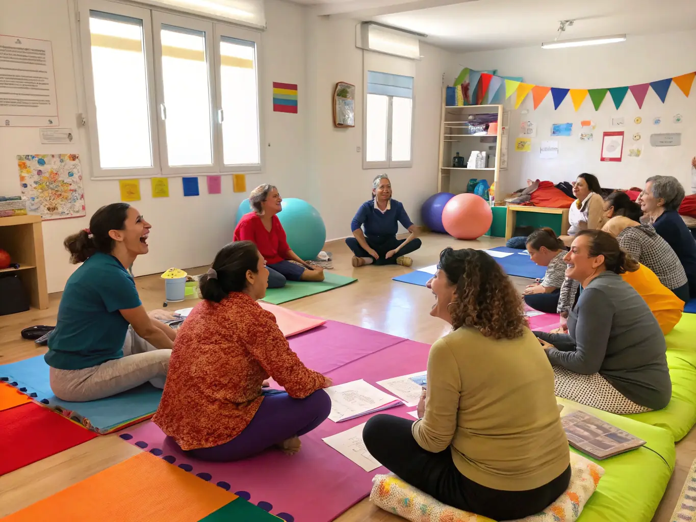 A group of patients participating in a wellness workshop led by a healthcare coach, engaging in a group activity and learning about healthy lifestyle choices.